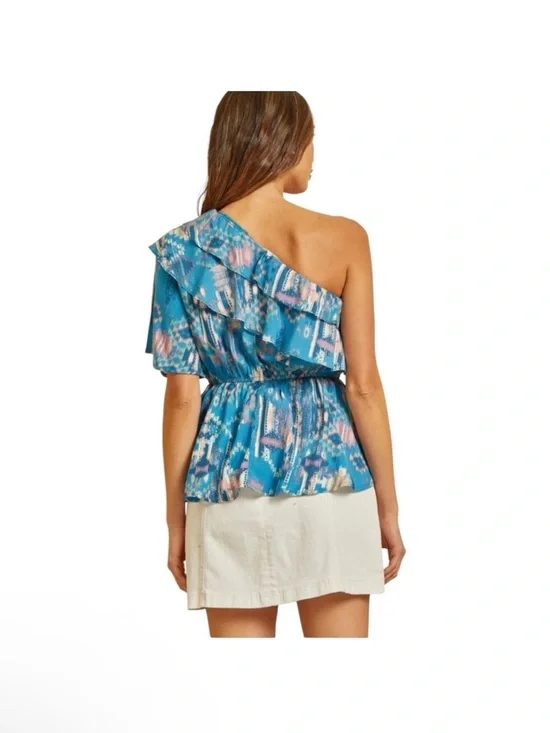Teal Patterned One-Shoulder Ruffle Top - Picture 2 of 4